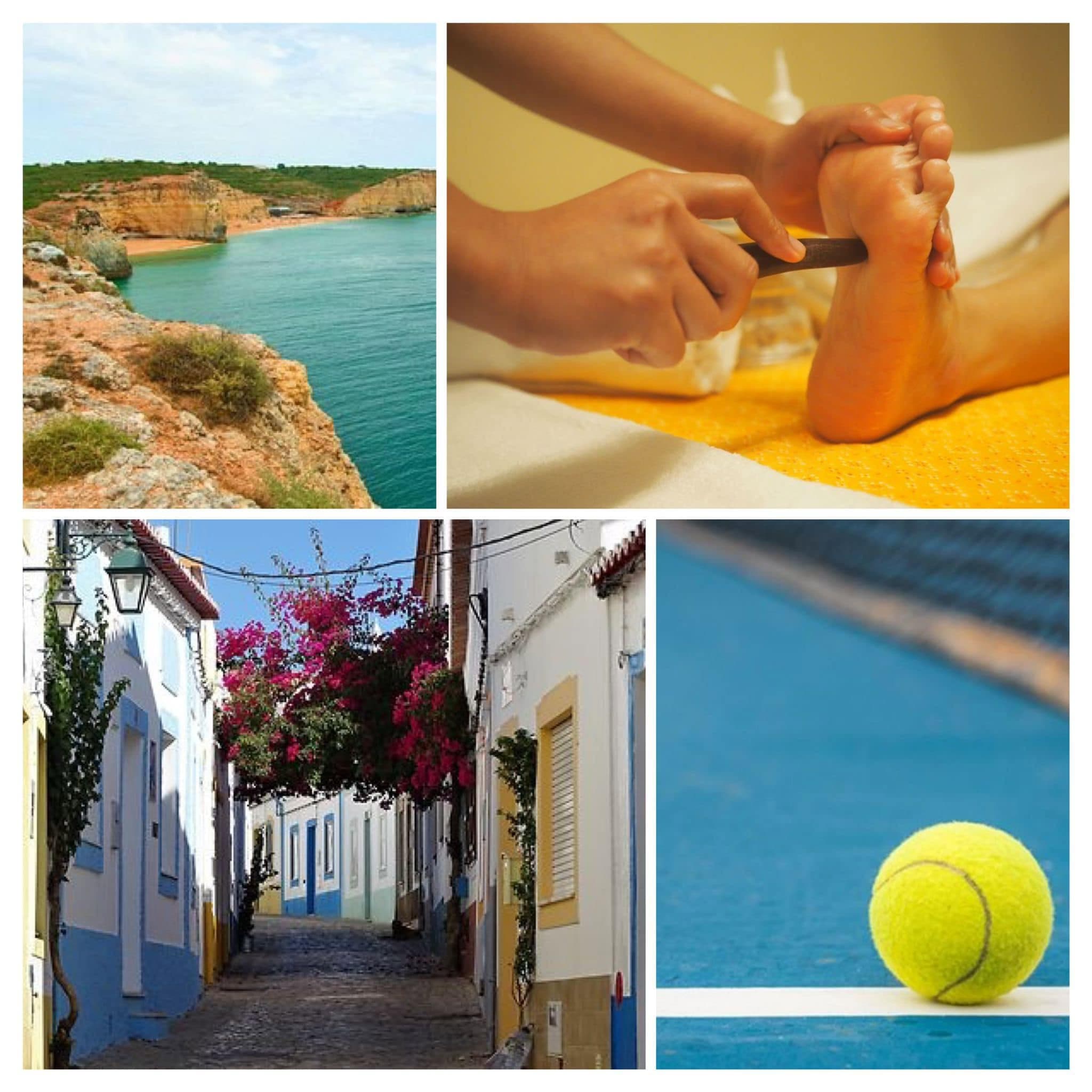 A collage showing the Algarve coastline, a traditional street, and a foot reflexology treatment with a wooden tool