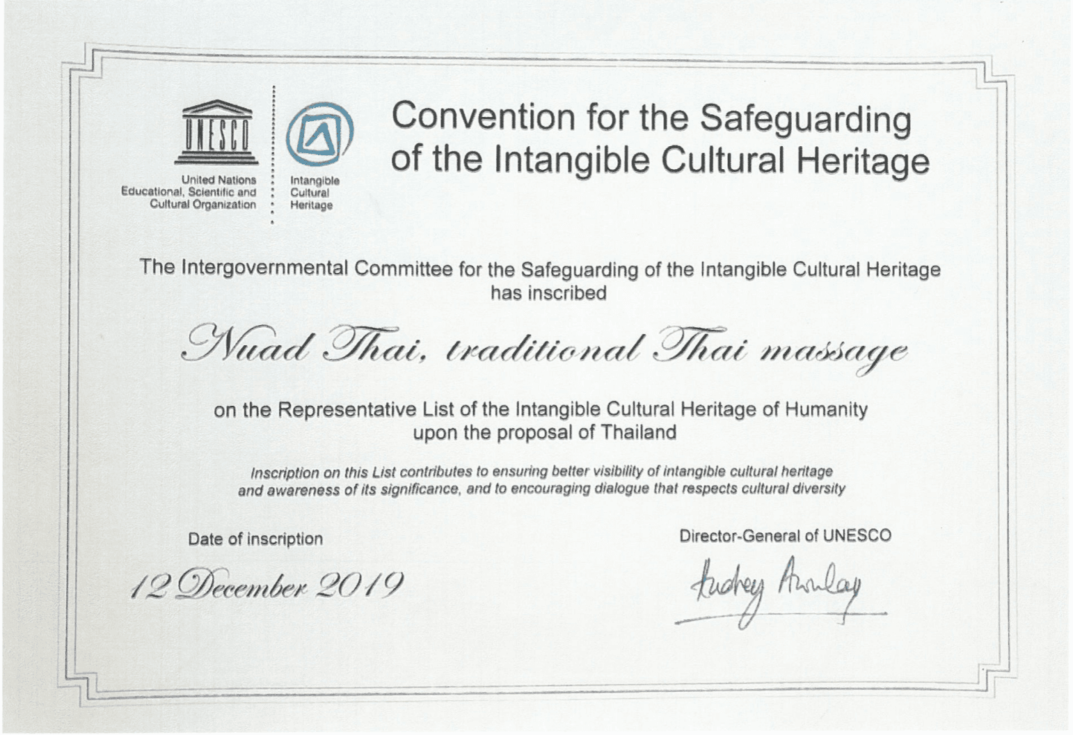UNESCO certificate inscribing Nuad Thai, traditional Thai massage, on the Representative List of the Intangible Cultural Heritage of Humanity, 2019